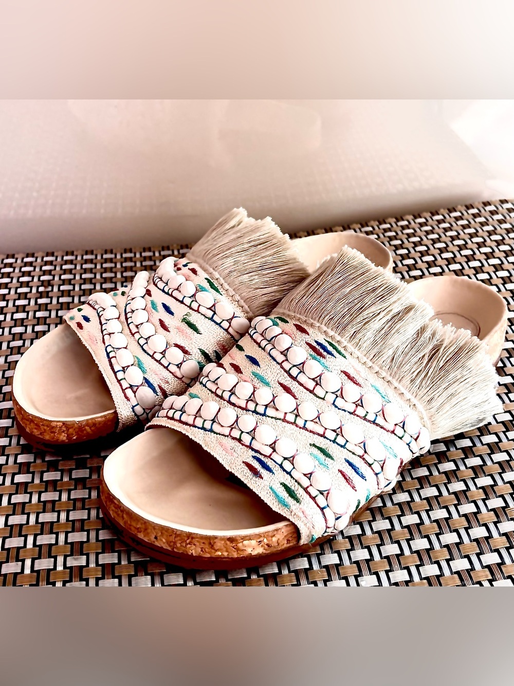 Chloé Nolan Tapestry Fringe Slides Sandals Size 36 Beige Boho Raffia
Beaded Trim